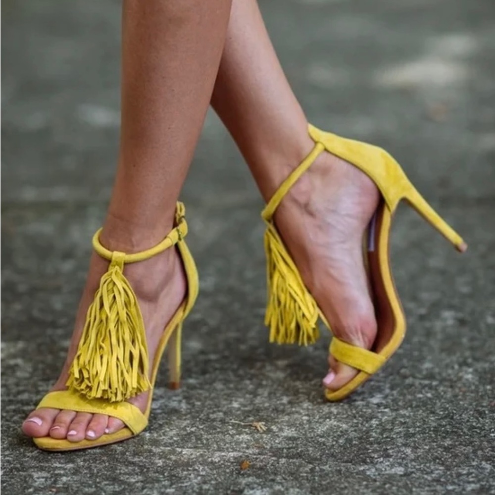 Steve Madden Sashi Fringe Yellow Leather and Suede Heels Size 7.5
